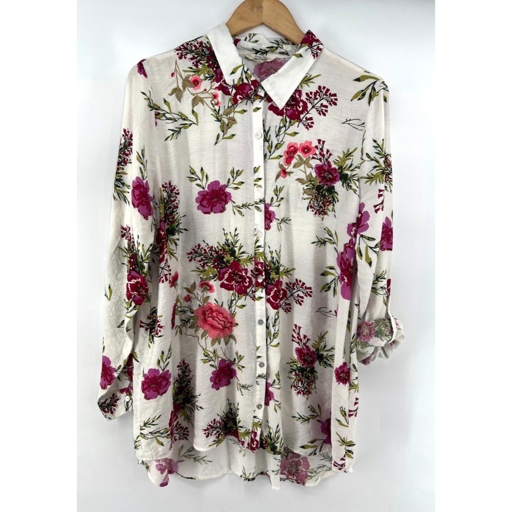 Floral Tunic Blouse XL Cream Magenta Boho Cottagecore Artsy Embroidered Shabby